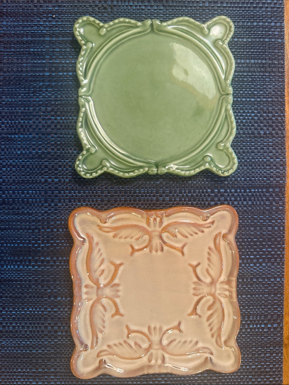 California Pottery Decorative Ceramic Coaster Set - Green & Cream Ornate Squares